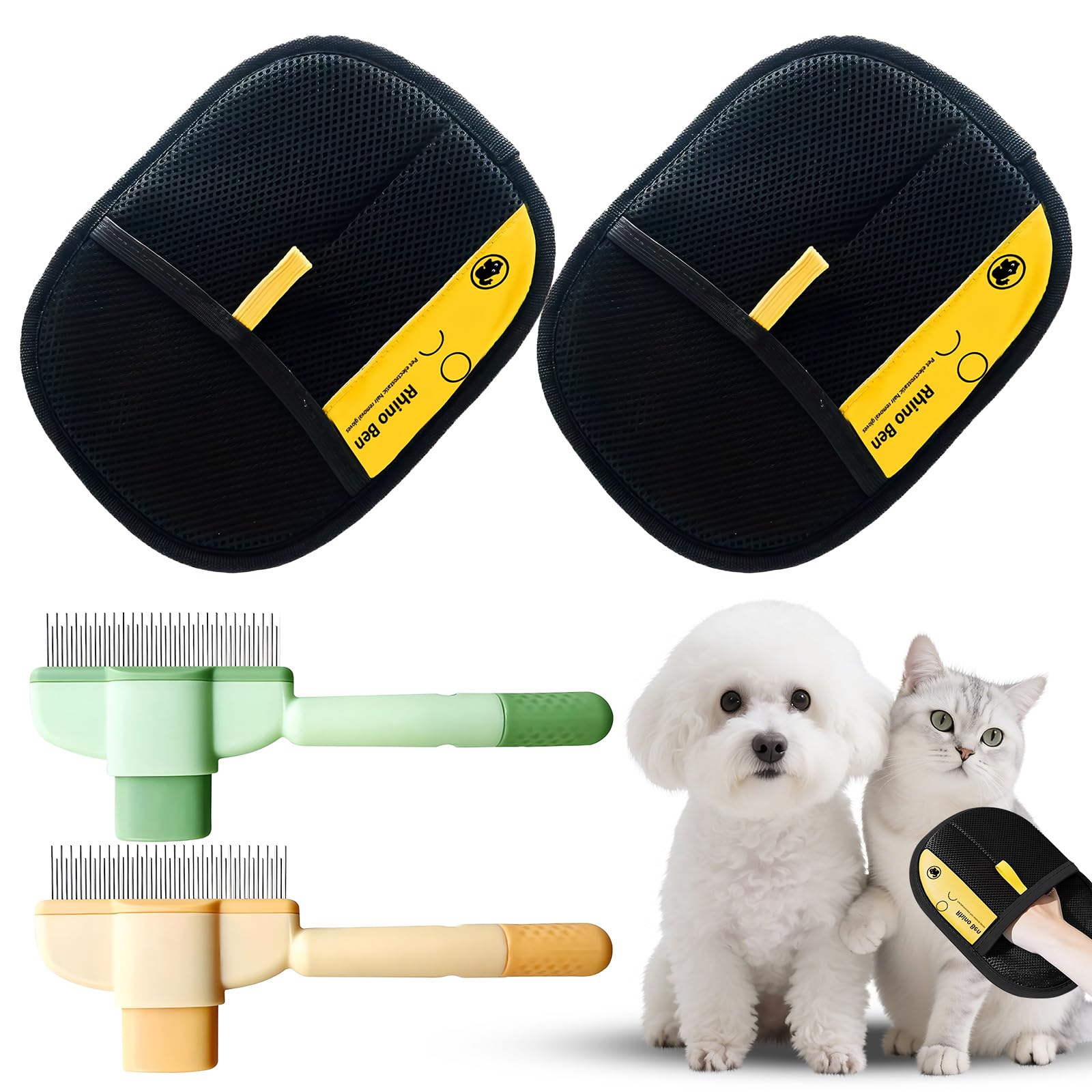 Set Toelettatura Gloryit 4 Pezzi | Guanti Levapelucchi E Pettine Antipulci | Per Cani E Gatti