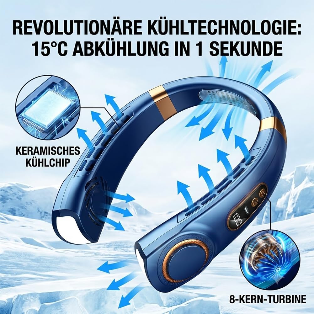 Nackenventilator mit Kühlung, Tragbarer Hals Ventilator Leise, 5 Geschwindigkeiten, Wiederaufladbarer Nackenlüfter mit Akku und LED-Display, Bladeless Ventilator für Nacken