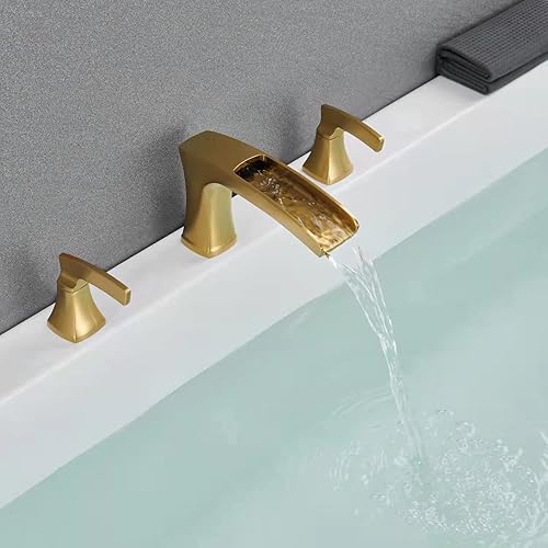 Miniatura 4 de Grifo de bañera de cascada de montaje en cubierta, grifo de bañera romano, grifos de bañera de oro cepillado, grifos de baño de latón de 3 agujeros
