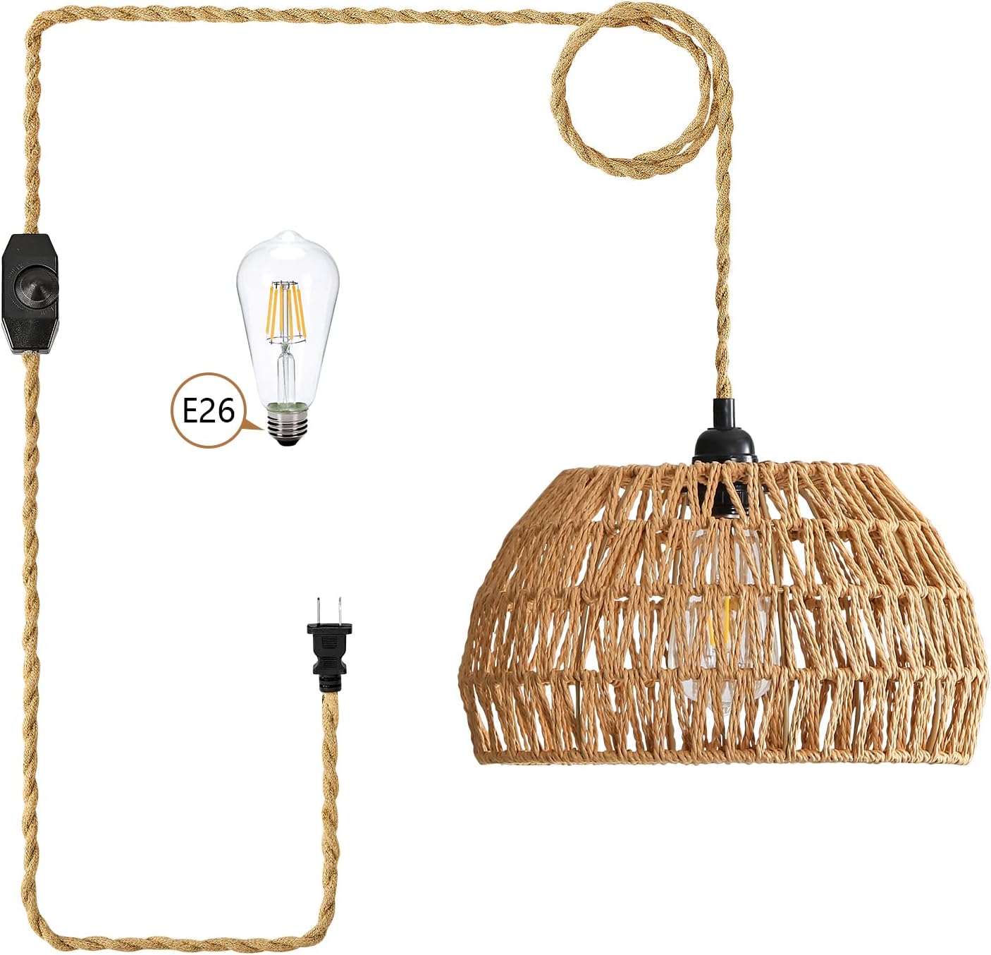 YarraDecor Boho Woven Rattan Pendant Light Linen Hanging Basket Lamp