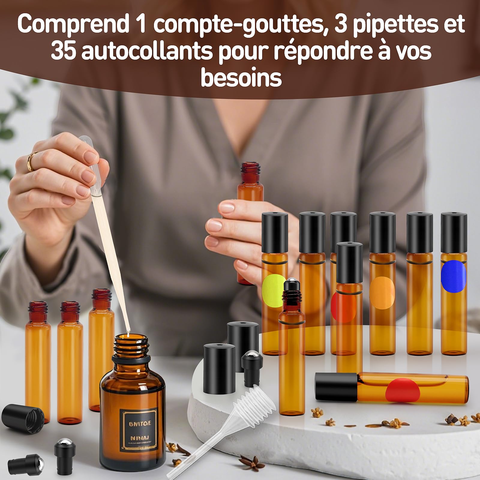 13 Pièces Flacon Roll On Vide, 10ml Roll On Huile Essentielle Vide Bouteil, Verre Couleur Thé Flacon Roll On avec Bille en Acier Inoxydable, Flacons à Bille Rechargeables pour Cosmétiques, Parfums