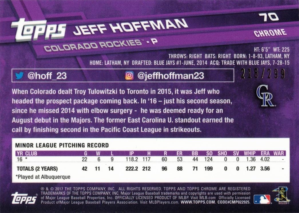 2017 Topps Chrome Purple Refractor #70 Jeff Hoffman Baseball Rookie Card - Only 299 made!