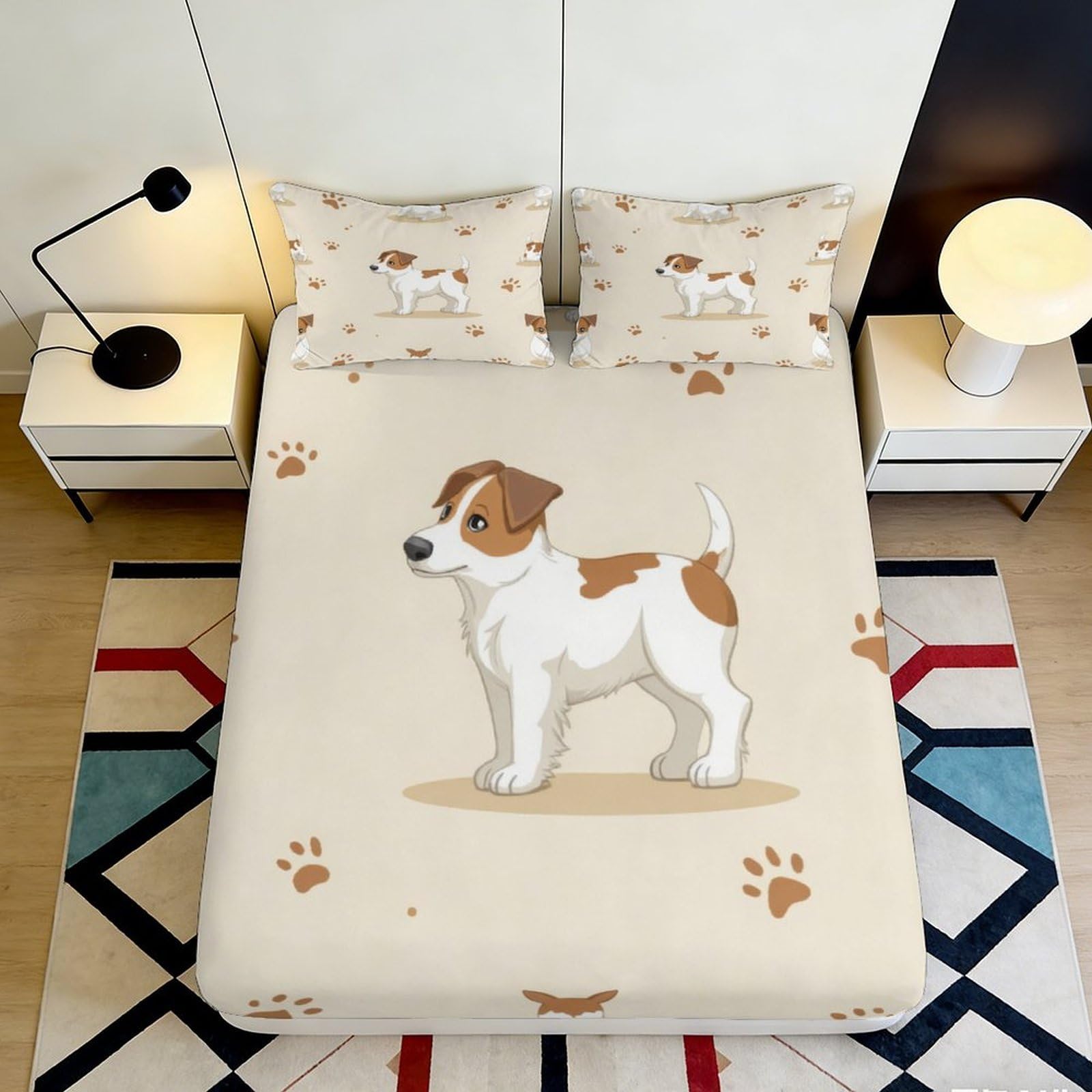 3D Printed Cute Dog Fitted Sheet Microfiber Soft Durable Paw Print Bed Cover for Bedroom Dormitory Guest Room Mattress Protection Decor 160x200x25cm