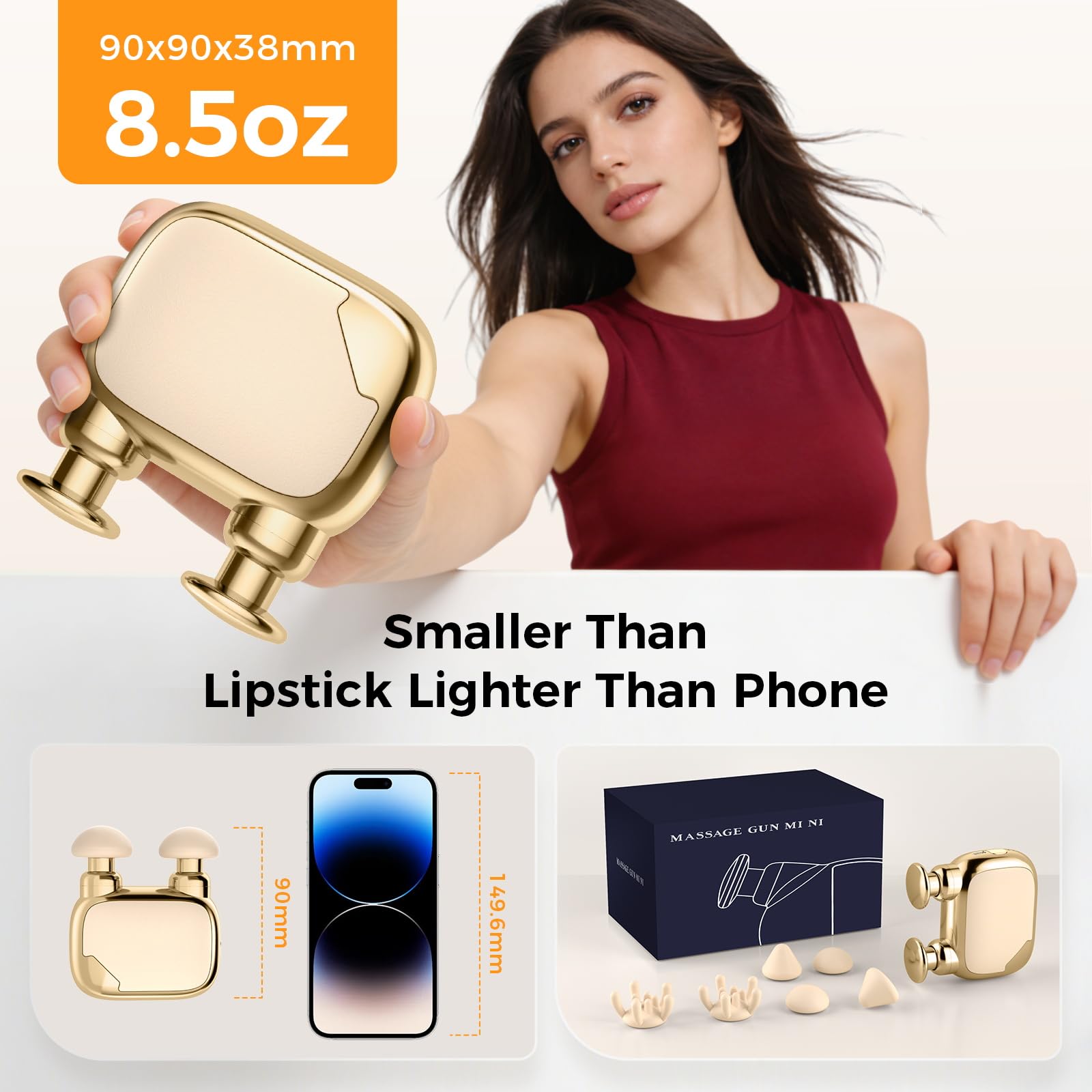 Beyn Mini pistola per massaggi, potente massaggiatore per tessuti profondi per viaggi, sport e uso quotidiano, con 3 velocità e 3 testine massaggianti (beige chiaro)