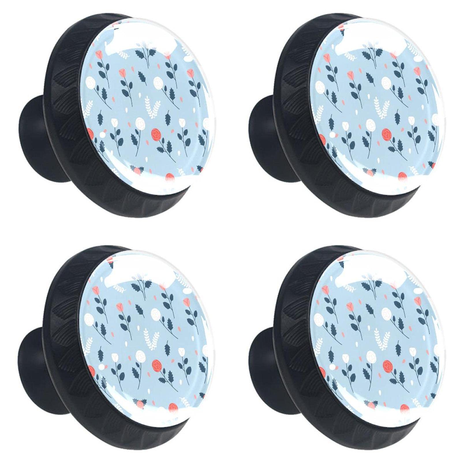 Bouton de tiroir pour meuble de cuisine et bureau au motif floral bleu en verre x4