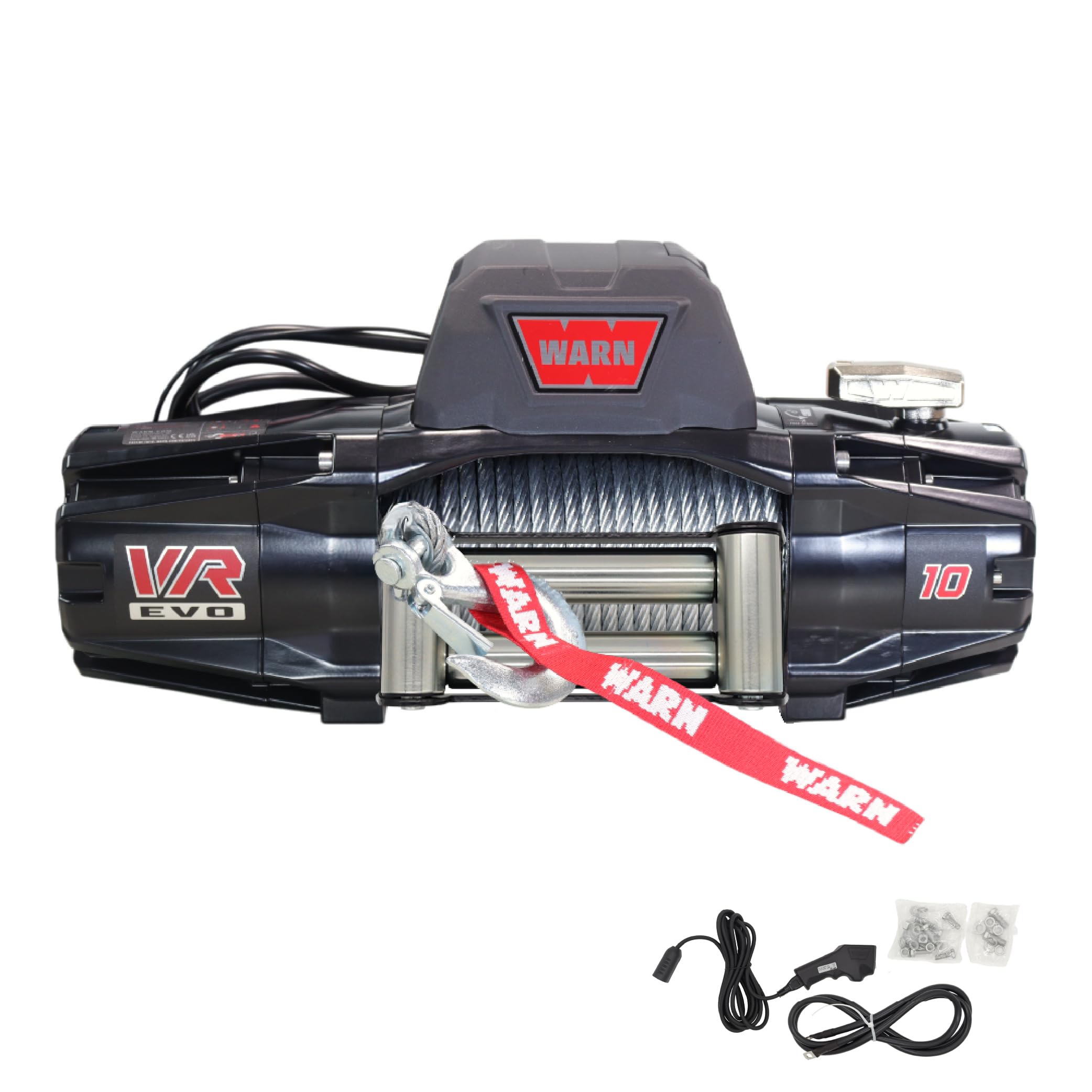 WARNVR EVO 10 Standard Duty Electric Winch for 1/2-ton Pickups, Jeeps, and Larger SUVs, 12V DC, 10,000 lb Line Pull, 90 ft Steel Cable with Roller Fairlead, Relocatable Control Pack.