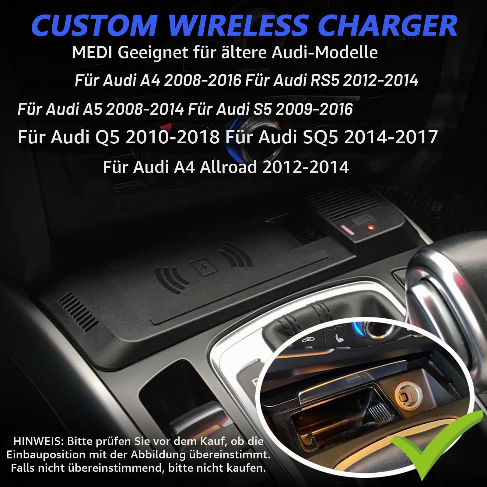 Kabelloses Auto Ladegerät für Audi A4 B8 Allroad Q5 SQ5 A5 S5 RS5 Zubehör | 15W Schnellladendes Handy-Ladegerät für Audi A4 2008-2016 Audi A5/S5 2008-2016 RS5 2012-2014 Audi Q5 2010-2018 SQ5 2014-201