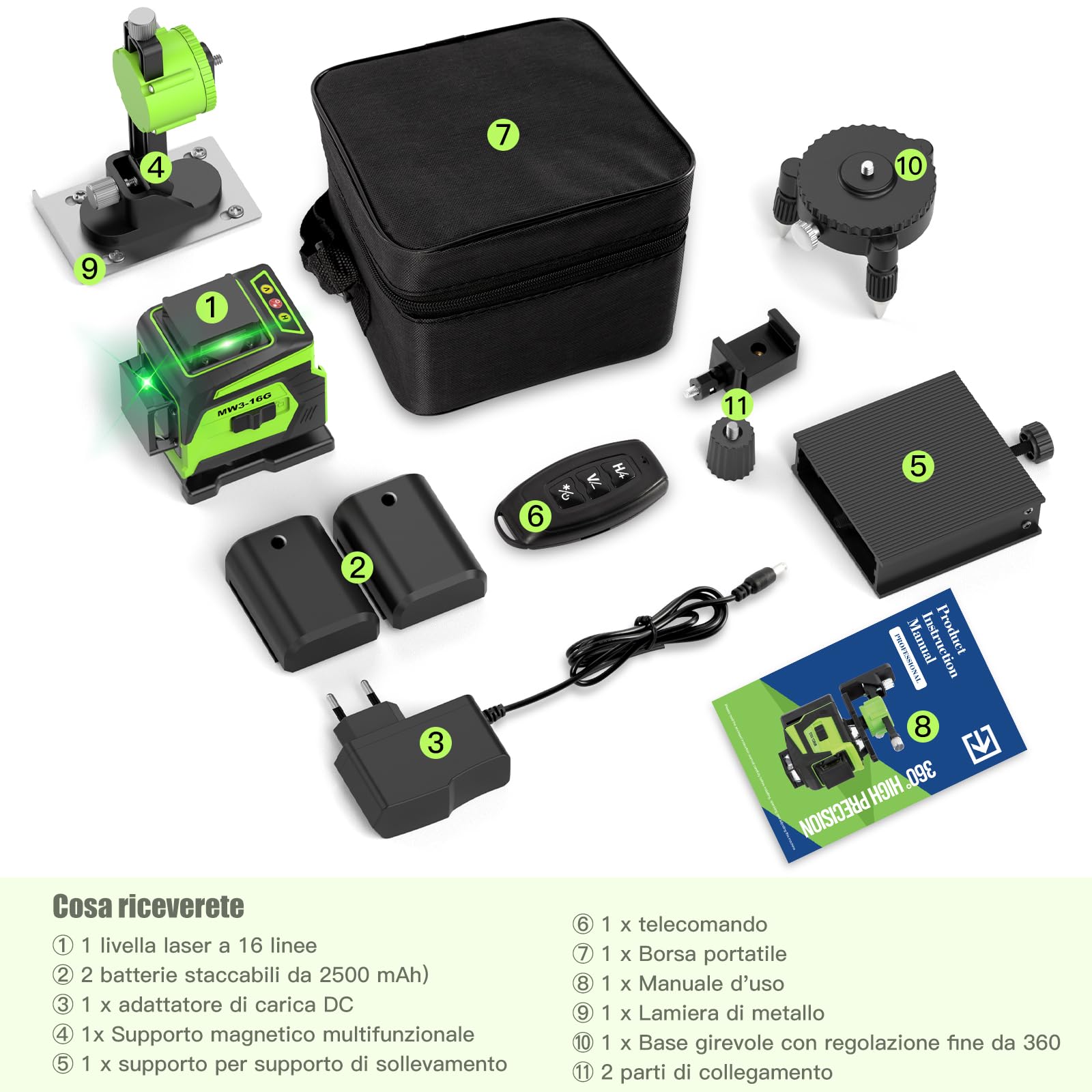 Livella Laser Autolivellante 16 Linee, 4 X 360 °Livello Laser Autolivellante Verde, 2 x Batterie, Autolivellante, Supporto rotante, Telecomando Cabina di rilevamento