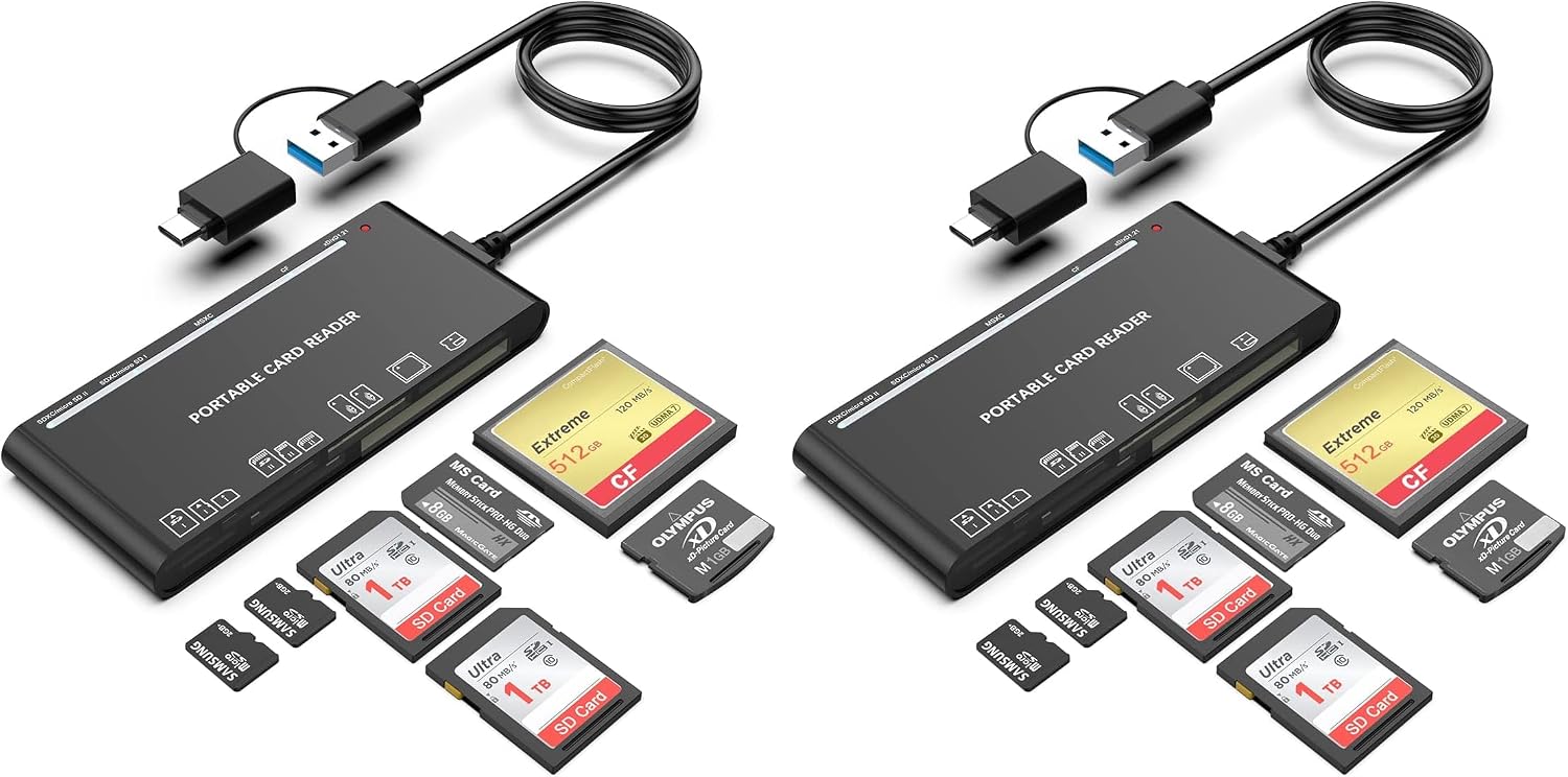 USB C USB3.0 Multi Card Reader for SD, CF, Micro SD, XD, MS Cards - 7 in 1 Adapter Hub for Windows, Mac, Linux, Android (Pack of 2)