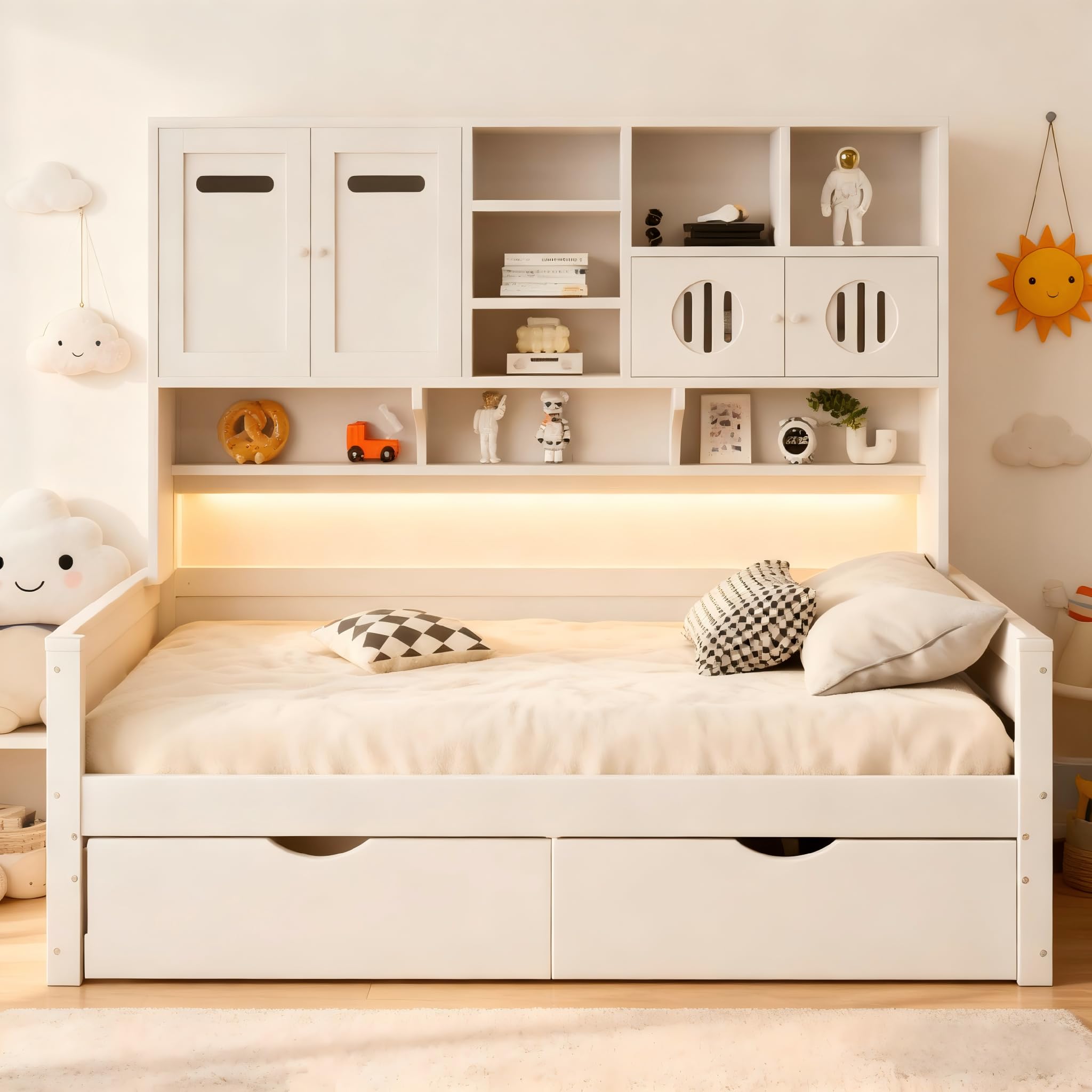 Sofá cama de madera, 90 x 200 cm, almacenamiento multifuncional, cama infantil, cajón grande, cama individual, cama juvenil, somier (sin colchón) (blanco)