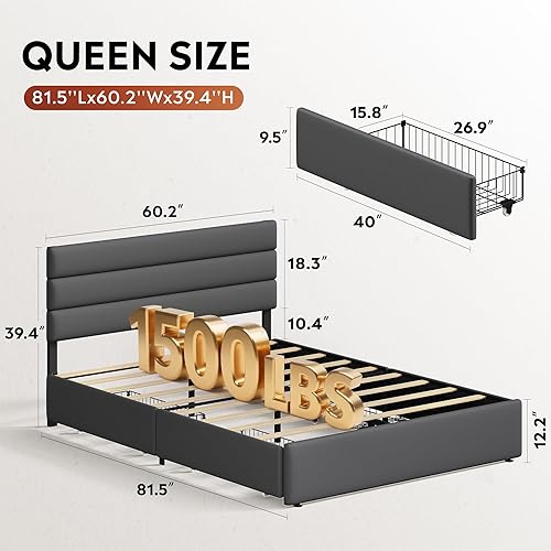 Miniatura 2 de WLIVE Base de cama tapizada tamaño Queen con 4 cajones de almacenamiento y cabecero, marco de cama de plataforma de terciopelo, soporte de listones