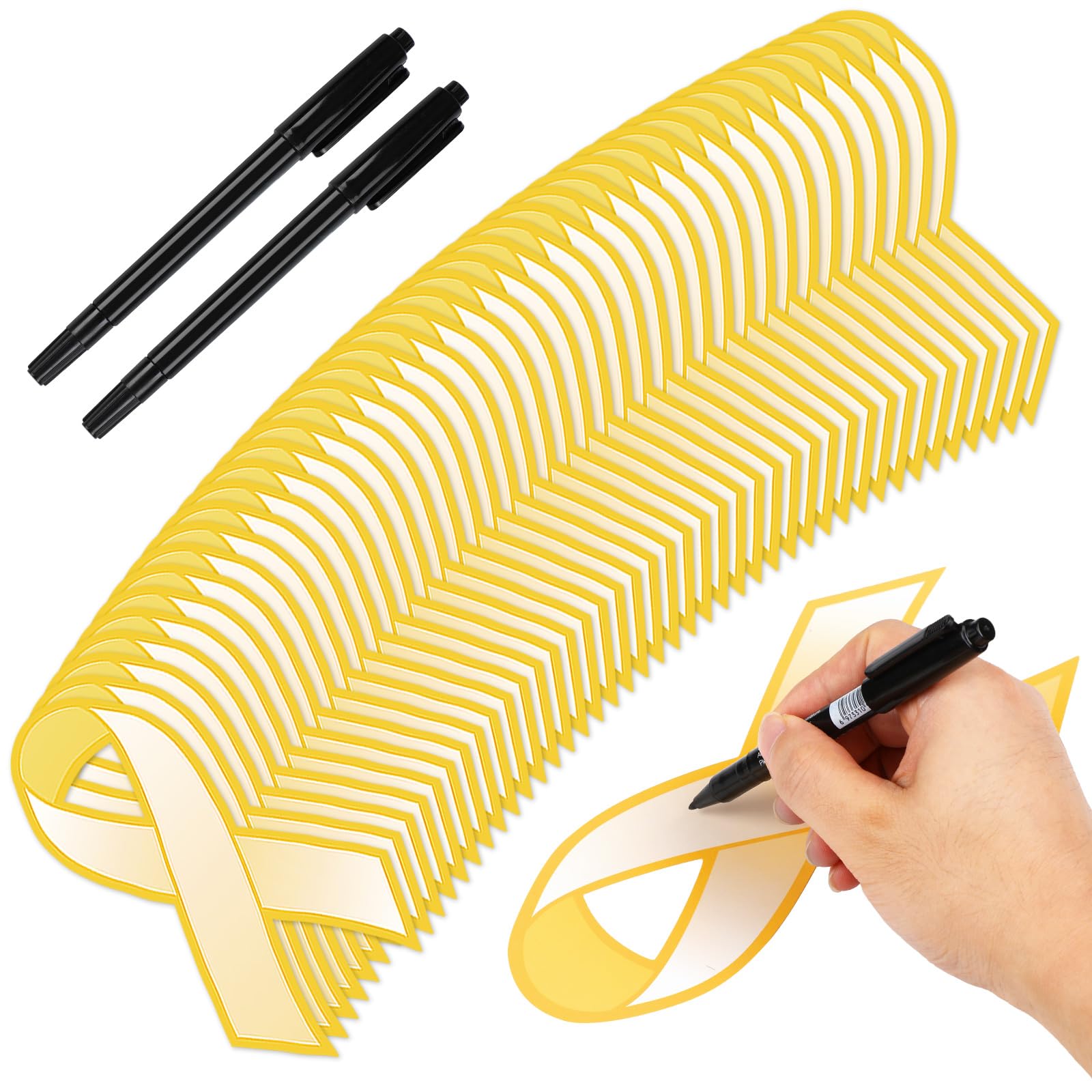 Qilery 100 Pcs Large Gold Ribbon Cutouts with 2 Pcs Marker Pens Paper Childhood Cancer Awareness Cutouts Childhood Cancer Awareness Items for Charity