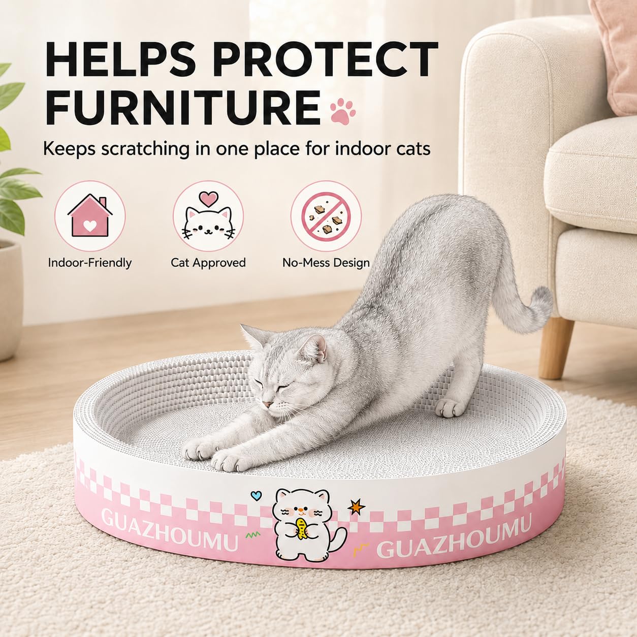 XQLY - Tiragraffi ovale XL, 2 in 1, in cartone ad alta densità, protezione per mobili per gatti da interni, adatto fino a 11,3 kg, 55 x 38,5 x 9 cm
