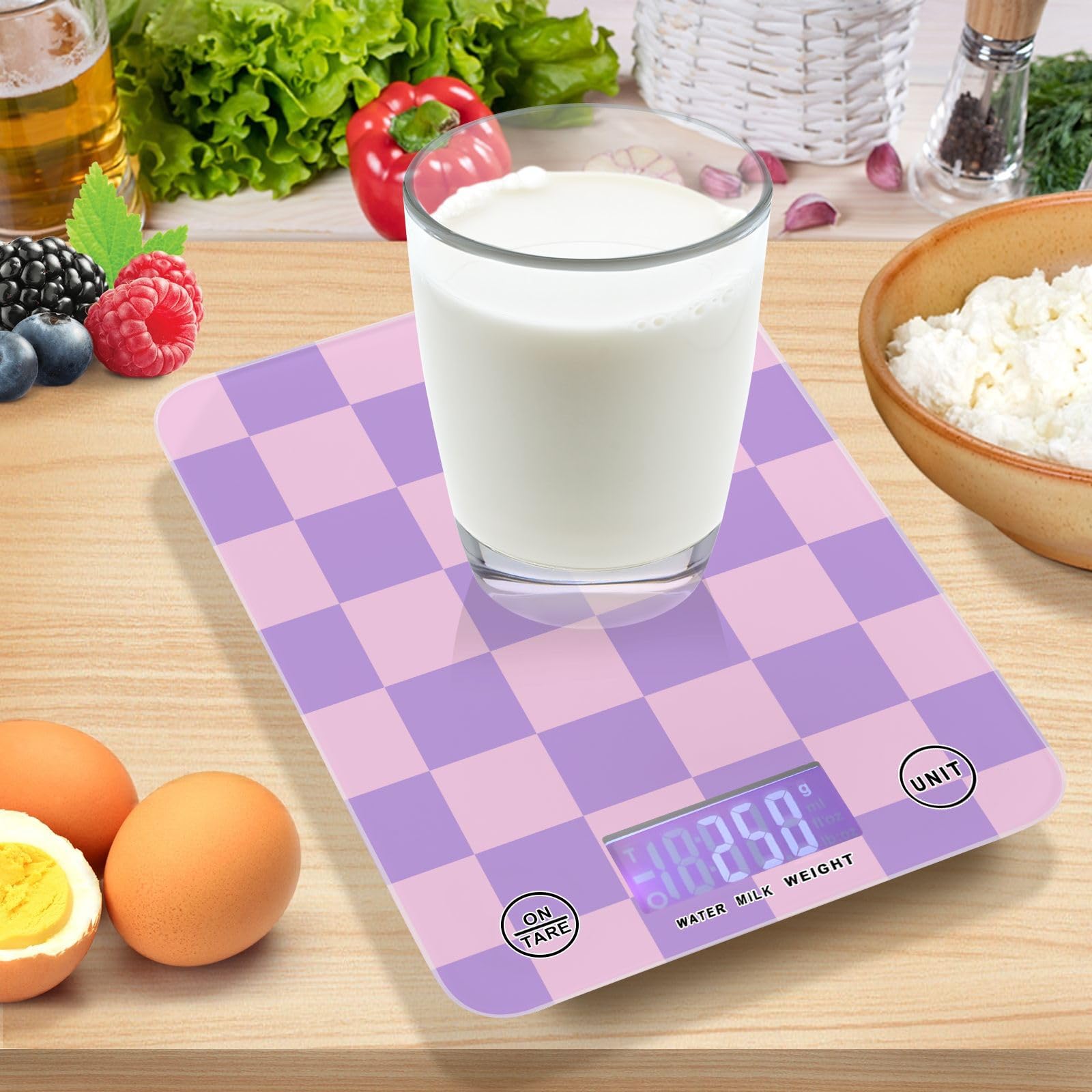 Báscula de cocina para hornear, cocinar, pesaje digital de alimentos, báscula de medición pequeña, impermeable, báscula eléctrica de alimentos a cuadros, color morado