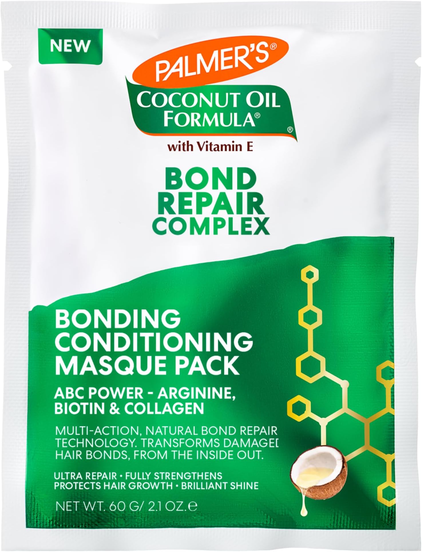 Amino Bonding Complex Hair Mask, Intense Conditioning Masque Pack with Coconut Oil & Vitamin E, Heat Protectant, Anti Frizz, Adds Shine, Protects Hair Growth, All Hair Types, 2.1 oz packette