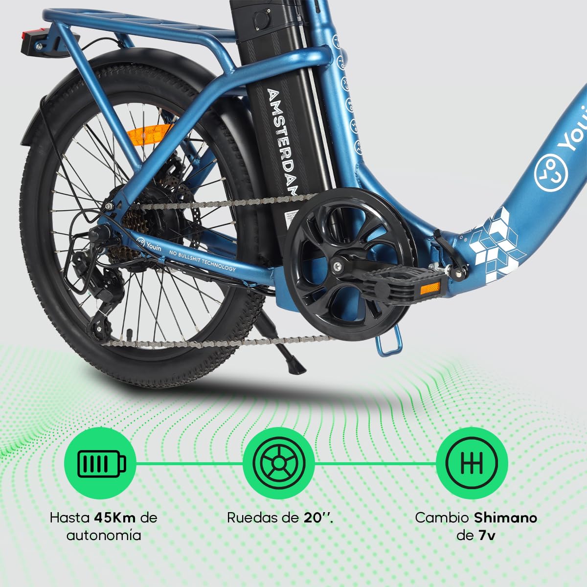 Youin Amsterdam Bicicleta Eléctrica Plegable 20" | Motor Trasero 250W 40Nm, Batería Extraíble 281Wh, Hasta 45 km de Autonomía, 7 Velocidades, Frenos de Disco