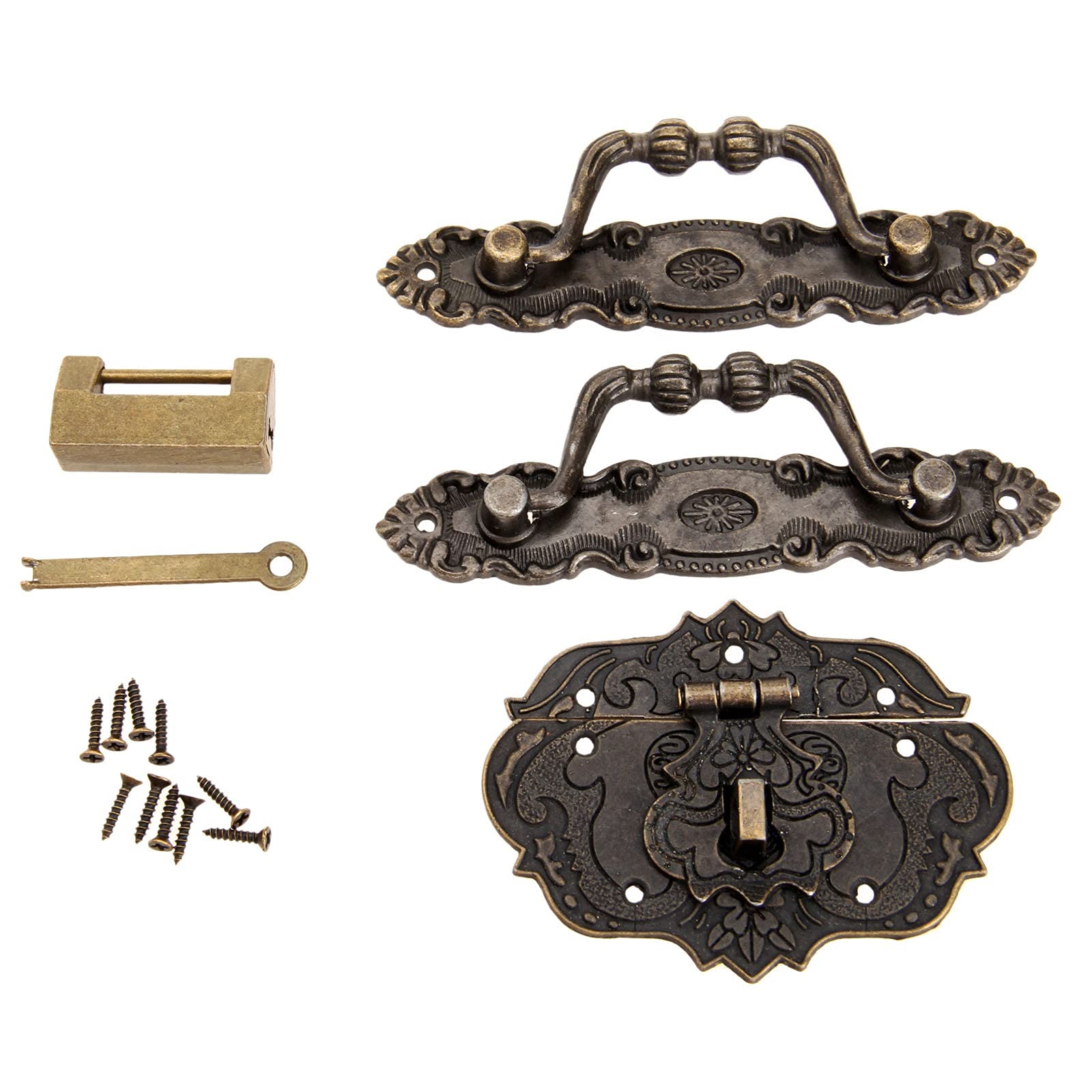 SHALLEZSOU Key Hasp Lock 4pcs Vintage Chinese Lock Set Antique Brass Bronze Cabinet Hardware with Handle Knob Latch Hasp for Box Furniture