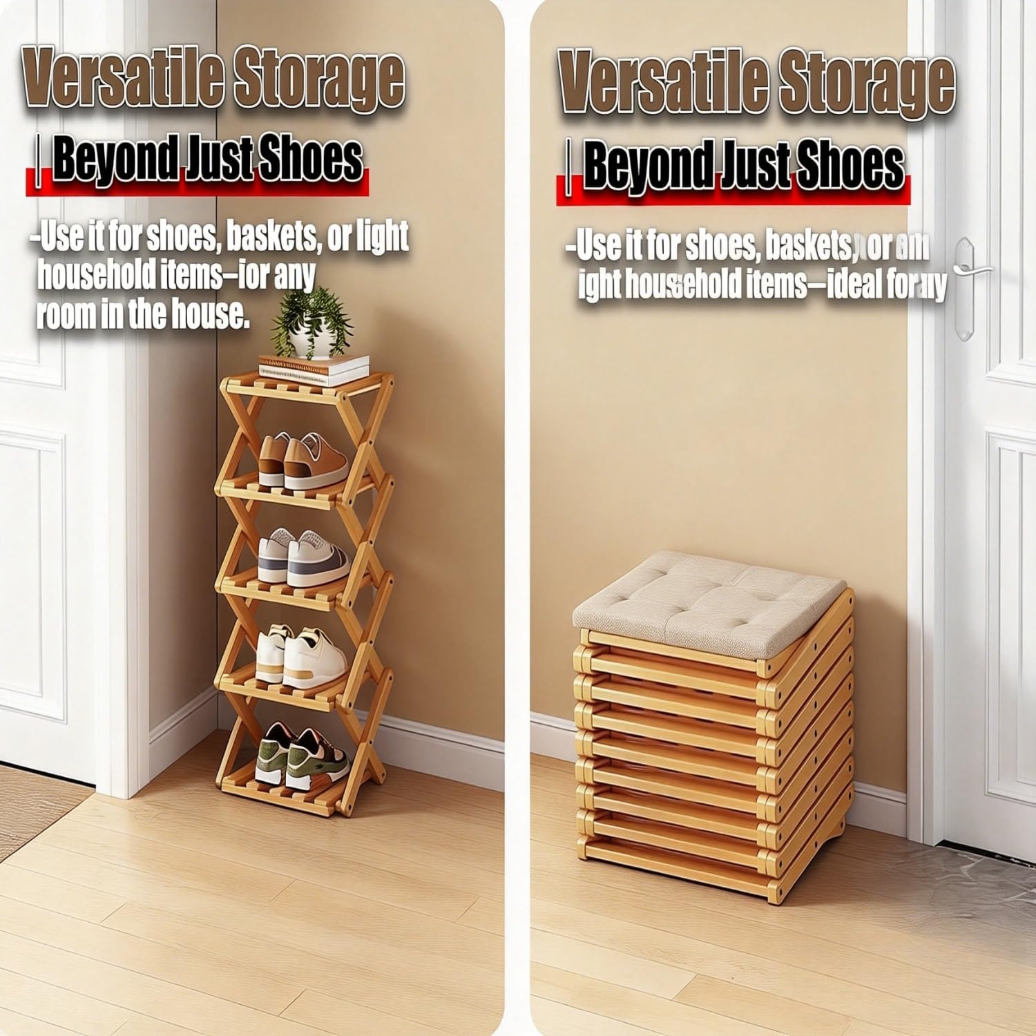The 9-Tier No-Assembly Bamboo Rack, Bamboo Shoe Storage Rack, 2/3/4/5/6/7/8/9/10 Tiers, Tight Space Wooden Shoe Racks Storage Organizer (Seven)
