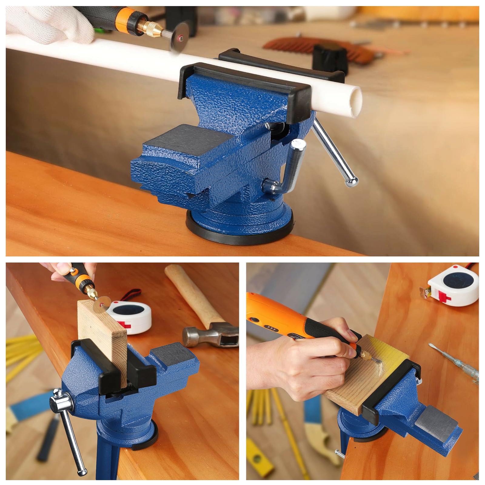 SWAWIS Étaux d'Établi, Largeur de Mâchoire 70mm, Étau de Table avec Base Pivotante à 360 Degrés-Peut Étre Utilisé pour Fixer des Pièces Telles Que le Bois Et le Métal, Bleu