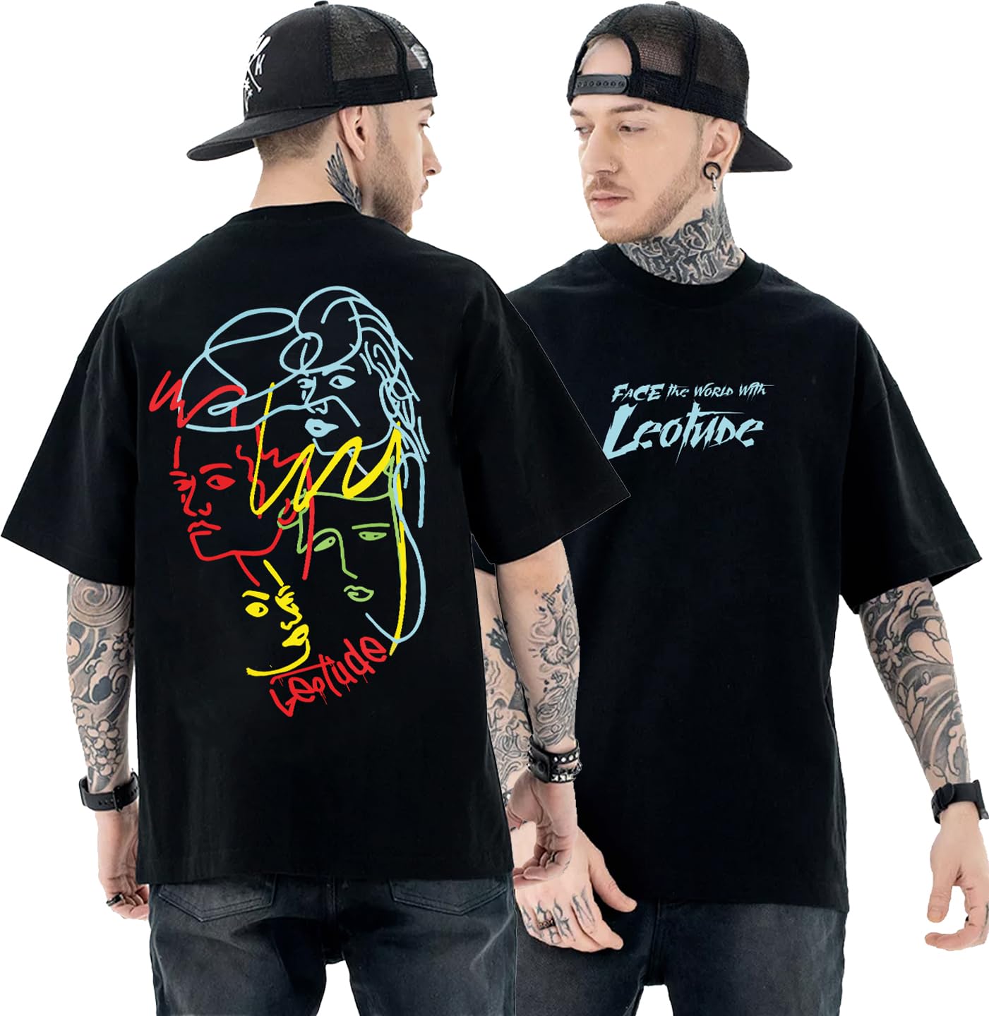 LEOTUDE Half Sleeve Oversized Cottonblend Round Neck Drop Shoulder Back Printed Men's T-Shirt (Color Black)