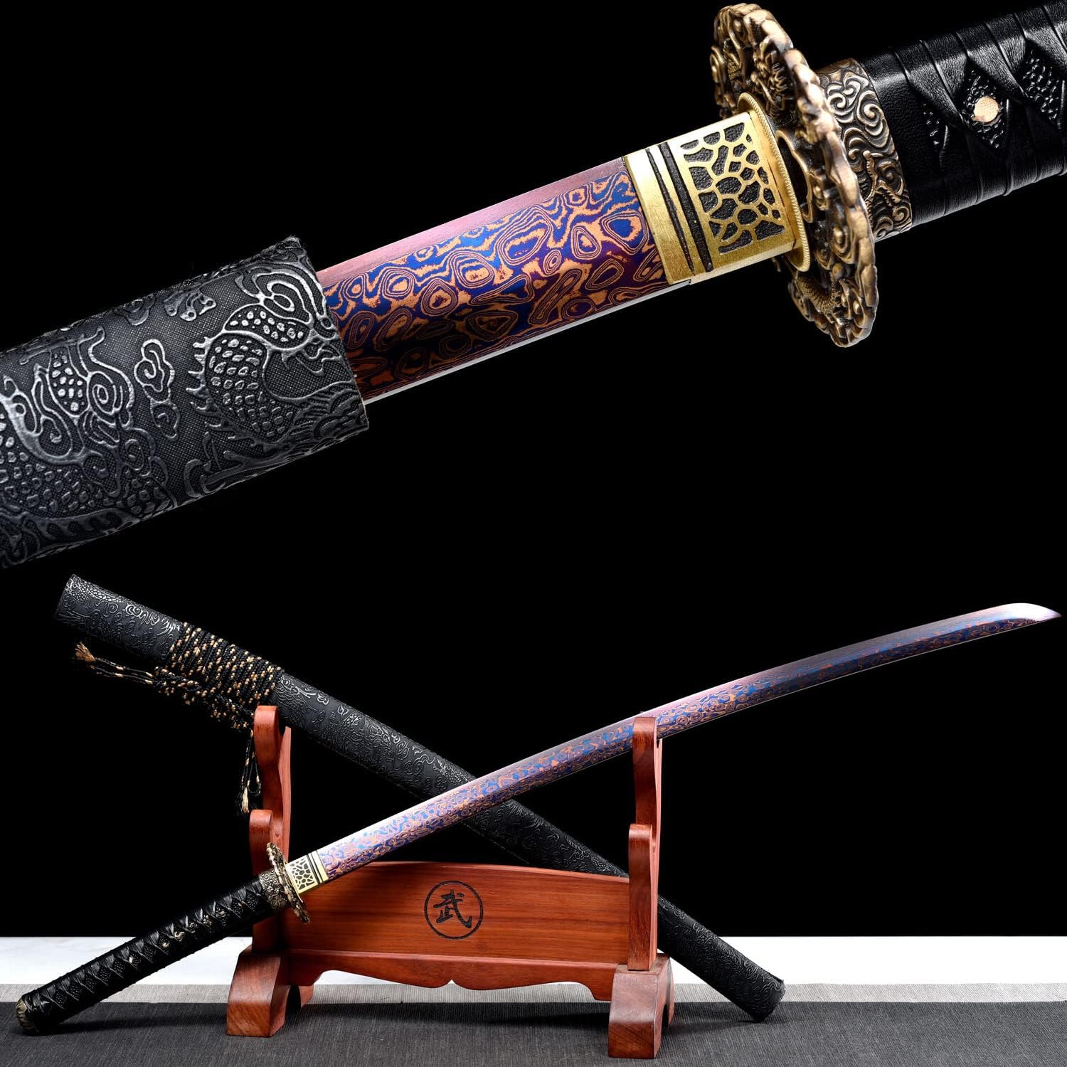 HERO SWORD-Authentic Japanese Katana Damascus Steel/Manganese Steel/High Carbon Steel Real Combat Full Tang Samurai Sword Very Sharp