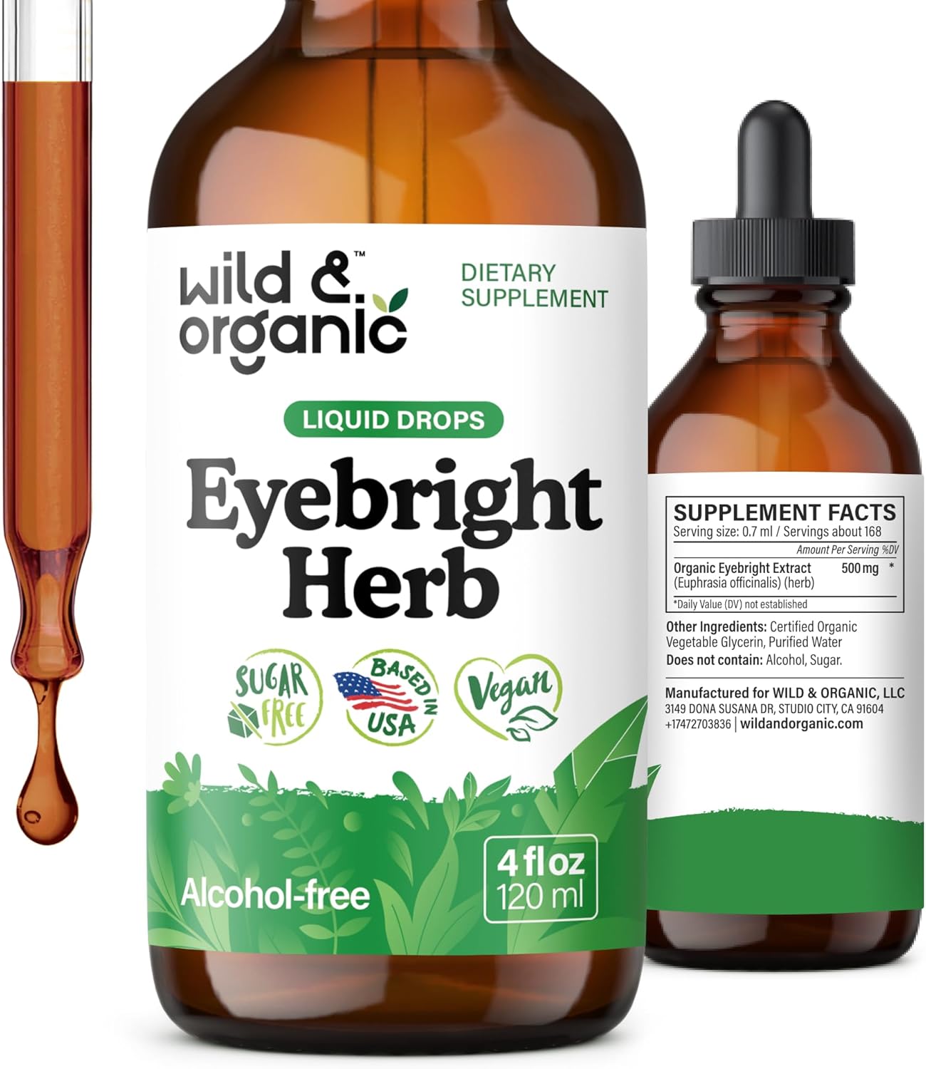 Wild & Organic Eyebright Herb Tincture - Vision Support with Euphrasia Extract - Dietary Eyebright Drops 500 mg - Vegan, Sugar & Alcohol-Free Liquid Supplement - 4 fl oz