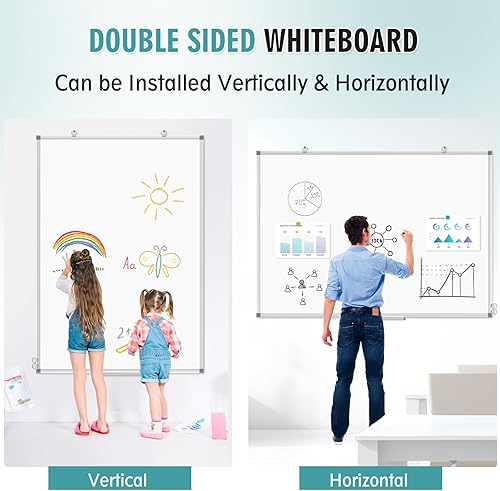 Miniatura 2 de Pizarra blanca grande de borrado en seco para pared, 60 x 40 pulgadas, pizarra magnética de doble cara con bandeja larga para bolígrafos, pizarra