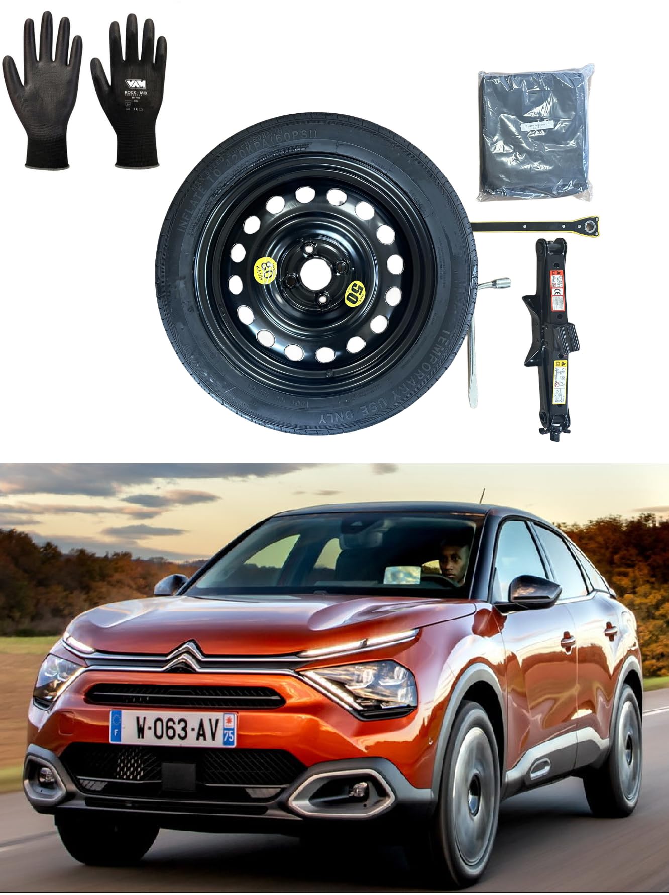 Kit rueda de repuesto 16" 145/90R16 compatible con Citroën C4 (2021>) con gata, llave y funda