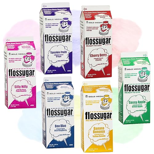 Hilo de azúcar de algodón de azúcar, paquete de seis cajas de 52 onzas, mezcla y combina, 18 opciones de sabor