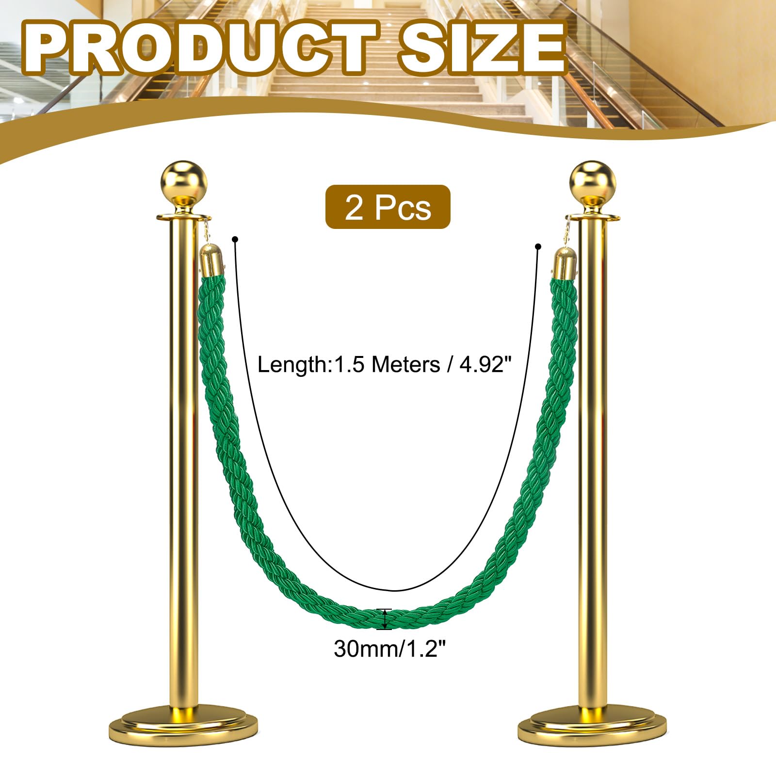 QUARKZMAN Corda Per Paletti Intrecciata 5 Ft/1.5 M, Barriera Con Corda Intrecciata Per Paletti Con Ganci A Scatto Per Supporti Divisori Per Code Controllo Folla, Verde Dorato 2Pz