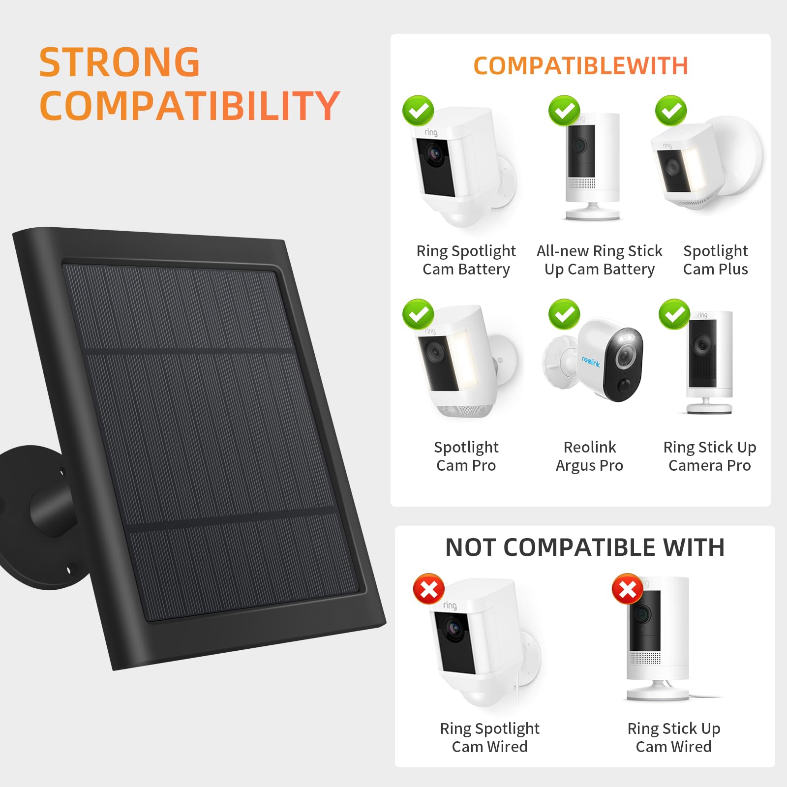 Solar Panel for Ring Camera, 4W Solar Charger Compatible with Ring Spotlight &Stick Up Outdoor Cam Battery, 10FT/3M Long Cable with USB-C to Ring Barrel Plug Adapter, Black