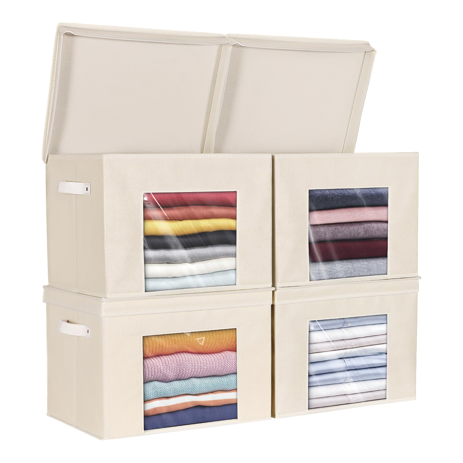 Syeeiex Groß Aufbewahrungsboxen mit Deckel, Faltbare Aufbewahrungsbox mit Deckel Stoff, Aufbewahrungskörbe für Kleidung, 43x30x30 cm, 4 Stück, Beige