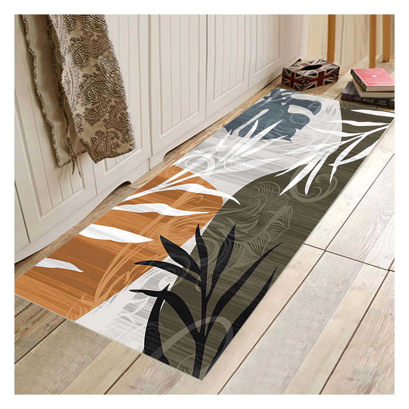 Tapis de Cuisine 60X180cm Tapis Long Couloir, Lavable Antiderapant Gris, Bleu, Orange, Motif de Feuilles Tapis de Passage Tapis Cuisine Devant evier pour Couloir, Passage, Chambre