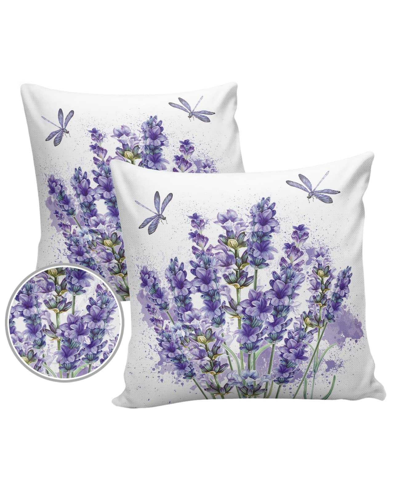 Outdoor Throw Pillow Cases Purple Lavender Dragonfly,Waterproof Pillow Cover Soft Pillow Protectors,Farm Watercolor Plant Blooming Flowers Durable Pillowcase for Sofa Couch Seaside Picnic RV Vacation