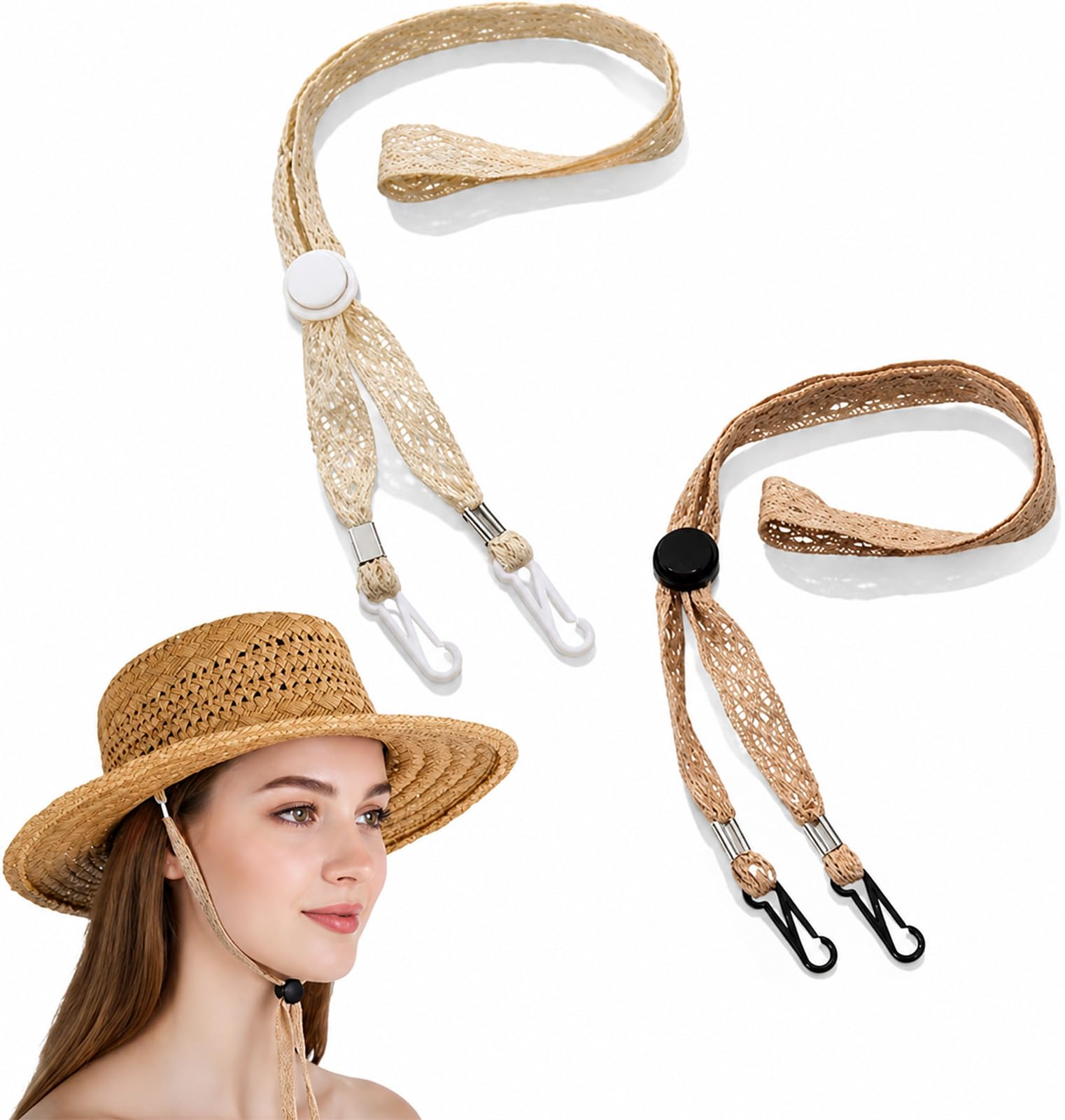 ERQUET 2PCS Adjustable Hat Strap Clips, Fashionable Sun Hats Chin Strap, Wide Lace Chin Cord for Boonie, Fishing-Hat, Beach-Hat, Windproof Keeper String for Golfing, Boating, Sailing (Khaki, Beige)