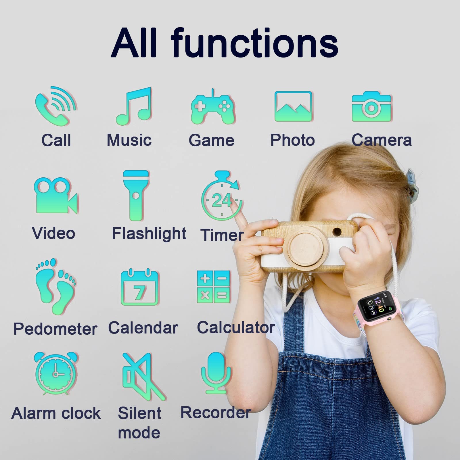 PTHTECHUS Smartwatch per Bambini, Telefono Smartwatch con Lettore Musicale per Ragazzi e Ragazze Giochi SOS Contapassi Touchscreen Fotocamera Orologio per Bambino 4-12 Anni Regalo