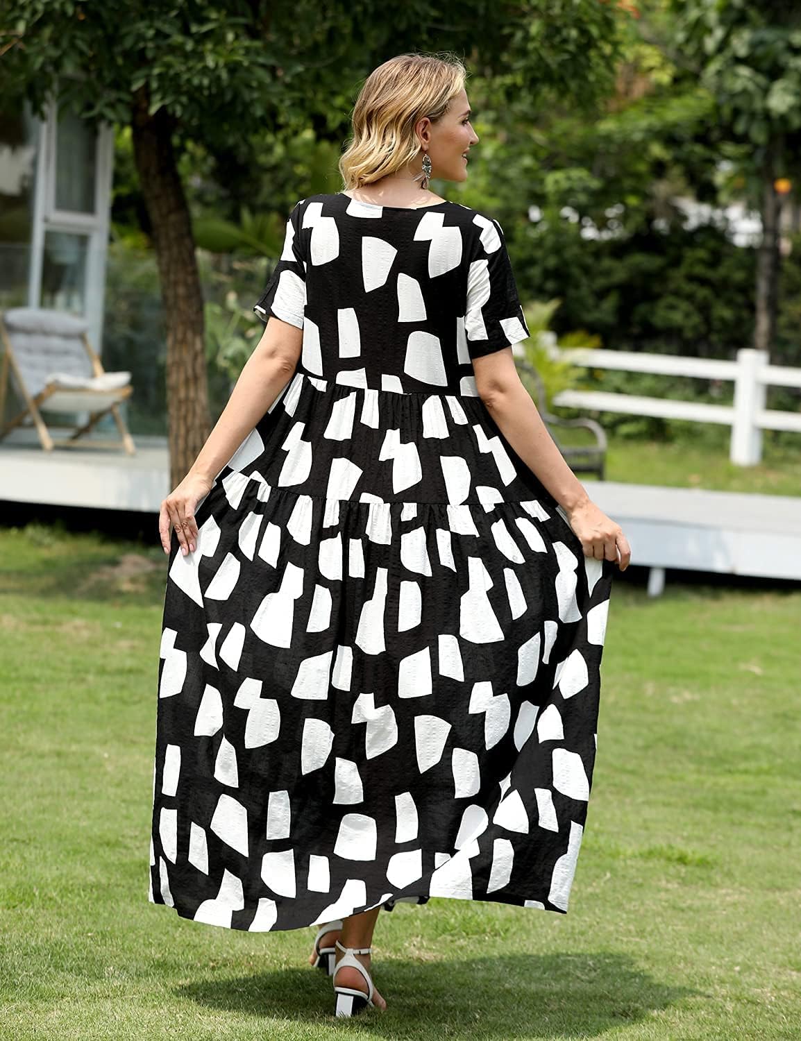 YESNO Women Casual Loose Bohemian Floral Dress with Pockets Short Sleeve Long Maxi Summer Beach Swing Dress EJF - Image 4