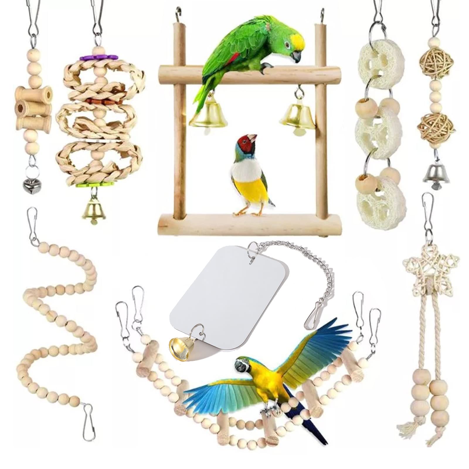 9 Pieces Small Bird Parrot Toy, Parakeet Swing Hanging Bird Toy, Natural Wood Parrot Toy Bird Mirror Bird Cage Toy Parrot Hammock Bell Toy for small parrots, birds, etc.
