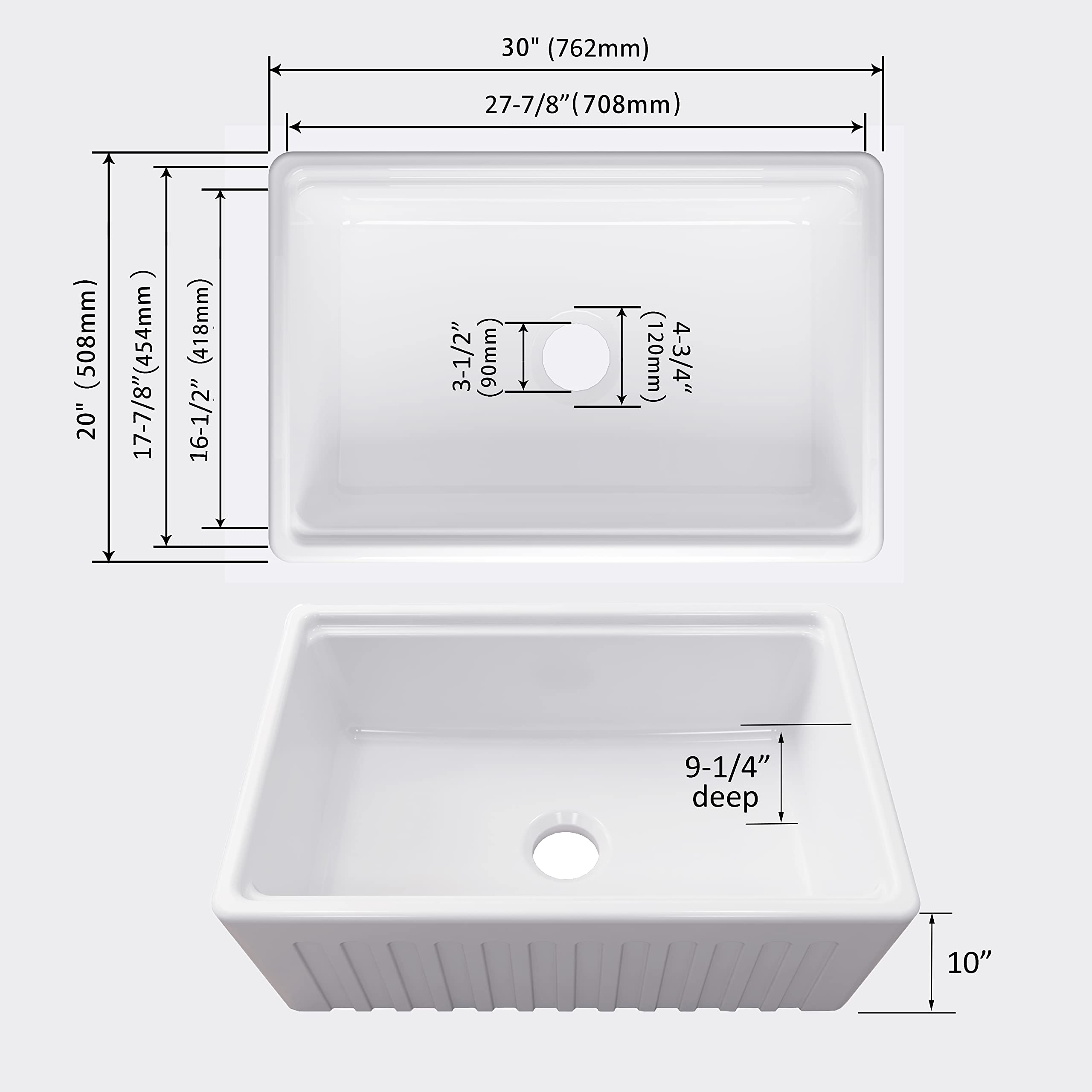 MEJE 76.2 x 50.8 CM Grembiule-front Rim Rim Workstation Farmhouse Lavello da cucina, ciotola singola in ceramica con tagliere, griglia e filtro - bianco