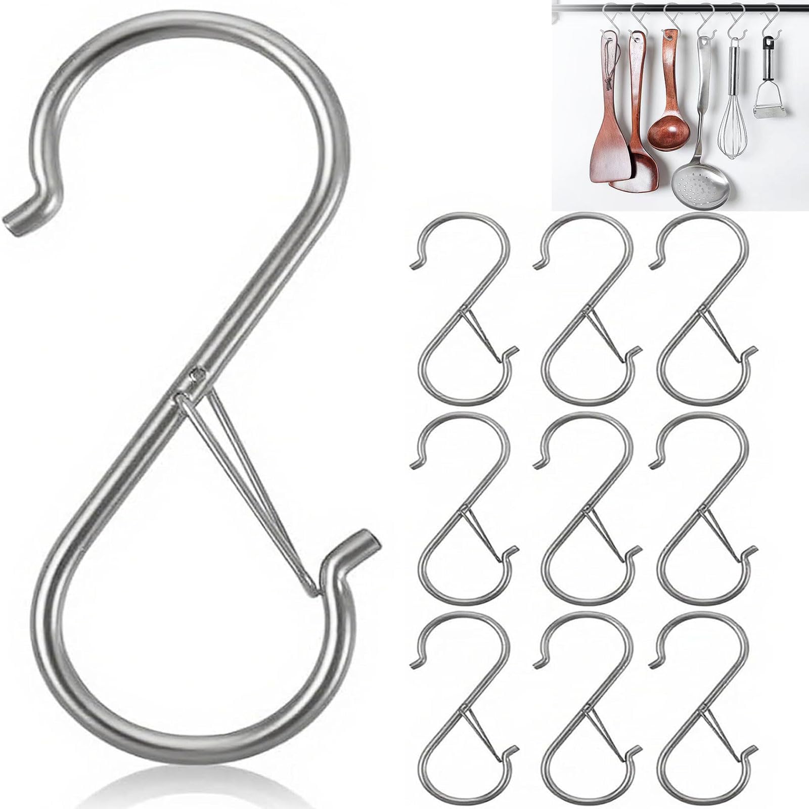 AmiCera Haken zum EinhäNgen 90mm, 10 Stück S Haken Edelstahl, S-Haken mit Sicherheitsverschluss, Haken mit Sicherung Geeignet für Küche, Werkstatt, Badezimmer, Garten, Schlafzimmer, Draussen(Silber)