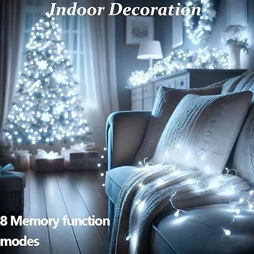 Miniatura 2 de Guirnalda de 200 luces LED de alambre transparente de color blanco frío, 72 pies de cadena de luces enchufables con 8 modos para Navidad, fiesta,