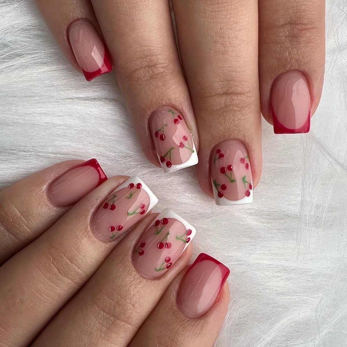 French Tips Press on Nails Pink Glossy Fake Nails Cute Cherry Designs Short Square False Nails Stick on Nails Full Cover Red White Nail Tips Acrylic Nail Art Kit for Women Manicure Decoration 24 Pcs