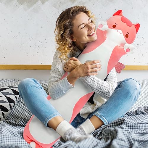Miniatura 4 de Caaaat Peluche largo de gato rosa, animales de peluche suaves con diseño de gatito, Kawaii para niños, almohada de felpa para dormir, juguetes de