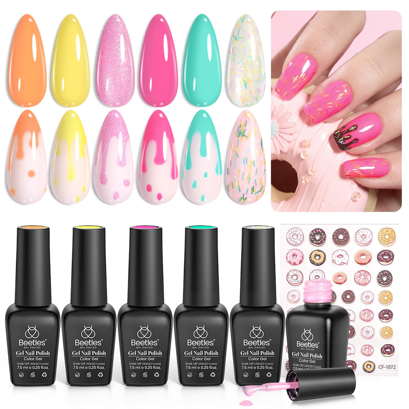 Beetles Summer Gel Nail Polish Set, Orange Yellow Pink Turquoise Green Glitter Soak Off UV LED Gel Polish Summer Ice Cream Theme Salon-Quality for DIY & Professional Manicure