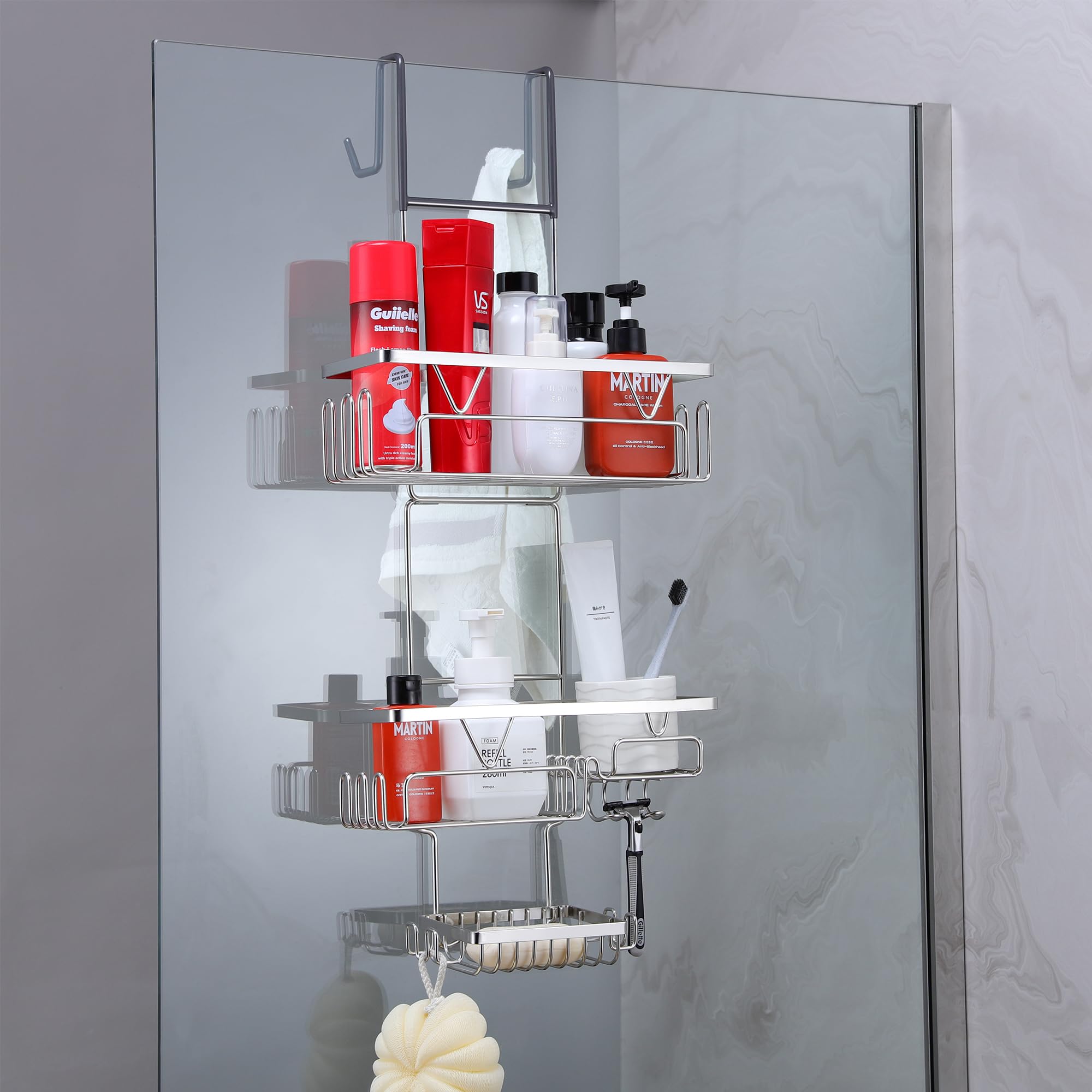 KEGII Hanging Shower Caddy - Over Door Storage Rack, Stainless Steel Organiser, No Drilling Shelf, Silver, 3 Tier - 1 Pack - Image 2