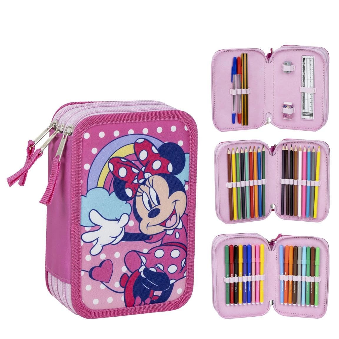 Astuccio scuola per bambini di Minnie Mouse - Colore rosa - Chiusura a cerniera - 12,​5 x 6,​5 x 19,​5 cm - Triplo scomparto - Include accessori - Prodotto originale progettato in Spagna, Rosa, Astuccio