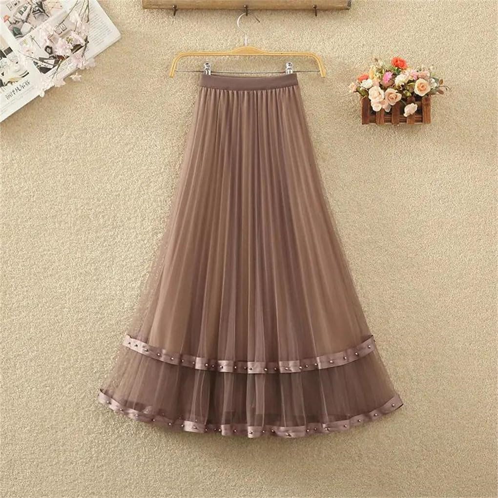 Jupe brodée à taille élastique unie pour femme - Jupe trapèze plissée taille haute