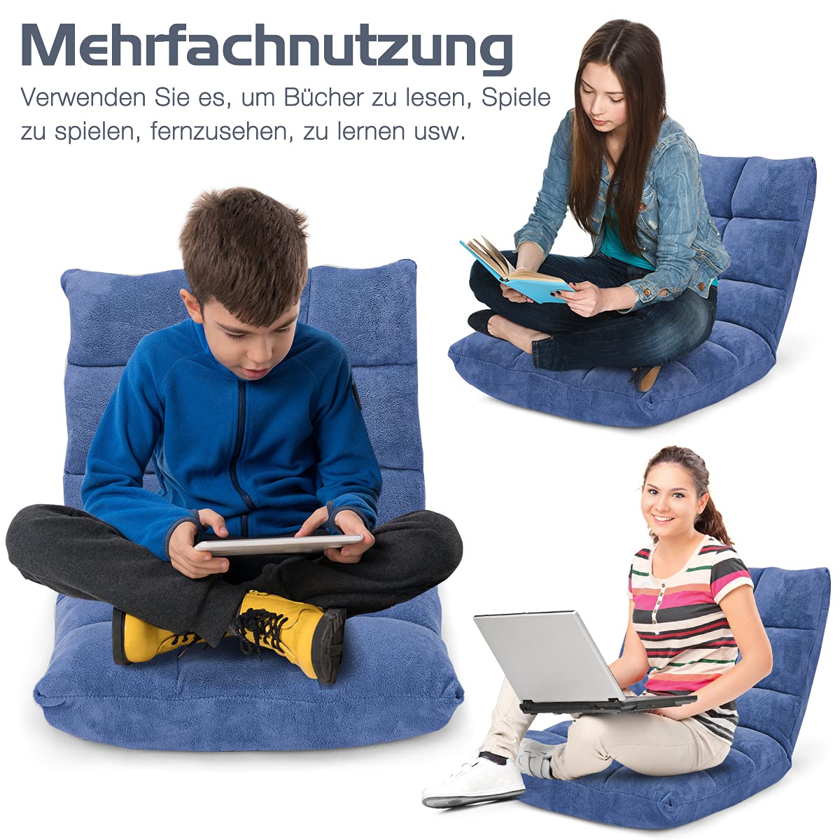 GOPLUS Bodenstuhl, Bodensofa mit Rückenlehne, Bodensessel mit Schlaffunktion, Floor Chair, Lazy Sofa, Meditationsstuhl für Wohnzimmer & Balkon (Blau)