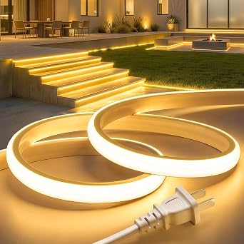 Lamomo COB LED Strip Lights 65.6Ft, Warm White Outdoor Led Rope Light, Waterproof Flexible Silicone Cuttable 3000K Neon Led Lights for Bedroom Garden Commerica Holiday Decor, CRI90+, AC 120V