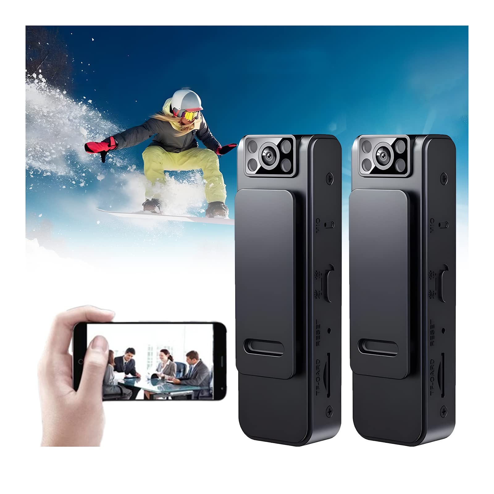 Mini kamera do ciała, HD 1080p, przenośna minikamera z redukcją szumów, obracany o 180 stopni obiektyw, rejestrator video z klipem wstecznym do nagrywania filmów audio (wersja WiFi, 2 szt.)